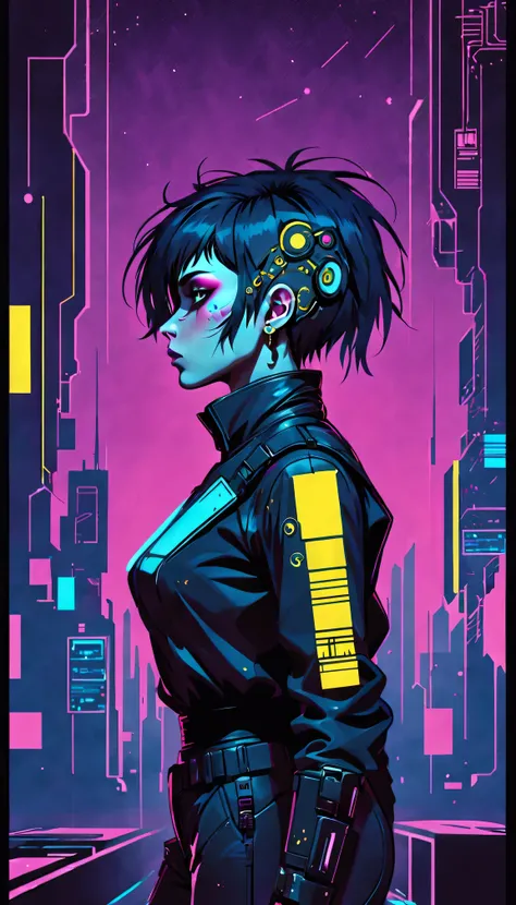 《bladerunner》filmposter：1 Lady, Starry sky and zodiac signs, Purple hues like nebulae, Vast space, cyber punk personage底部的城市, ( Background with:black and yellow Background with1.4), (RHAD:1.2), (artistic décor:1.4), (Retro-Future:1.4), (maximalist:1.4), (C...