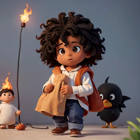 Black boy, child, curly hair, little fire penguin