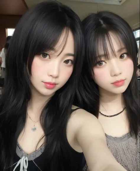 two asian women with long black hair posing for a photo, ulzzang, ayami kojima e lyde caldwell, com preto, yoshitomo nara e aya ...