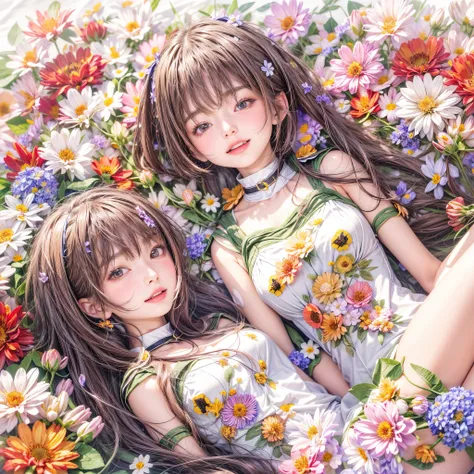 (((4 KAWAII girls laying in a colorful flower space, full of flowers))), ((SFW)), (Acutance), (Exposed:1.2), (Nipple:-0.9), (Face variations), { Sailor collar Uniform | Delicate white lace knitted wear | Delicate bikini made of flowers }, { Swaguchi Aika |...