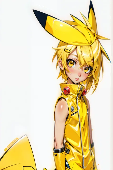 a cartoon picture of a person in a yellow outfit and a yellow hat, pikachu as a human, concept art of pikachu, anime character, megaman as pikachu, kagamine rin, pikachu as jesus, renamon, as an anime character, pikachu, mika pikazo, best anime character d...