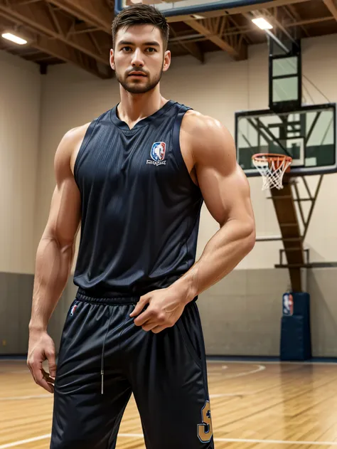 A person standing on a professional basketball court, He is holding a basketball in his hand,Muscular!!, Only shorts！(Show hairy chest muscles) Muscular, 8k 50mm ISO 10, 🚿🗝📝, Okan                                , Put on basketball sweatpants, k hd, adverti...