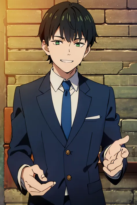 1boy, black hair, green eyes, short haircut, bobcut, bob hair, bangs, grin, blue suit, red tie, long sleeves,