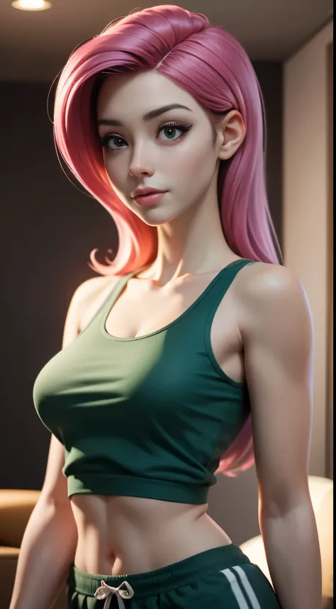 photo of mlpfluttershy, RAW, beautiful woman, ((portrait)), ((detailed face:1.2)), ((detailed facial feature, detailed skin, glossy skin, clear skin), (perfect proportioned body, narrow waist, skinny, medium breasts), pink hair, hair ornament, (green tank ...