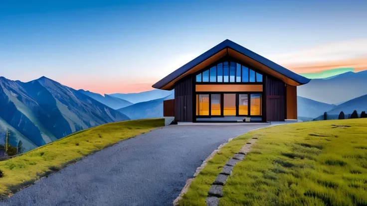 mountain refuge in stone, blends into the panoramic view