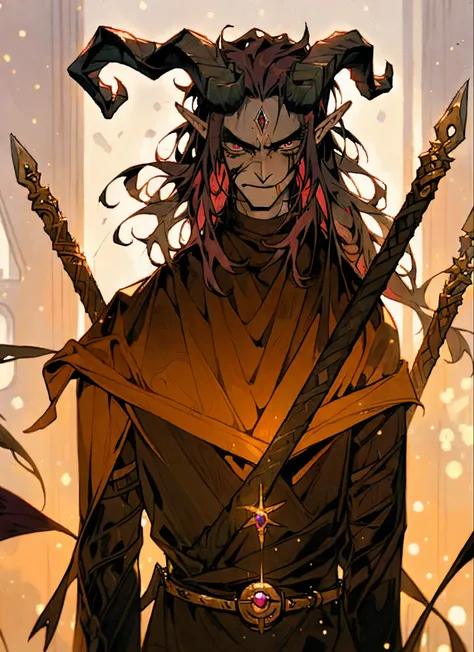 ((masterpiece, best_quality)) male elf warrior, long_messy_maroon_hair, black_demon_horns_extend_from_forehead_sweeping_backward...