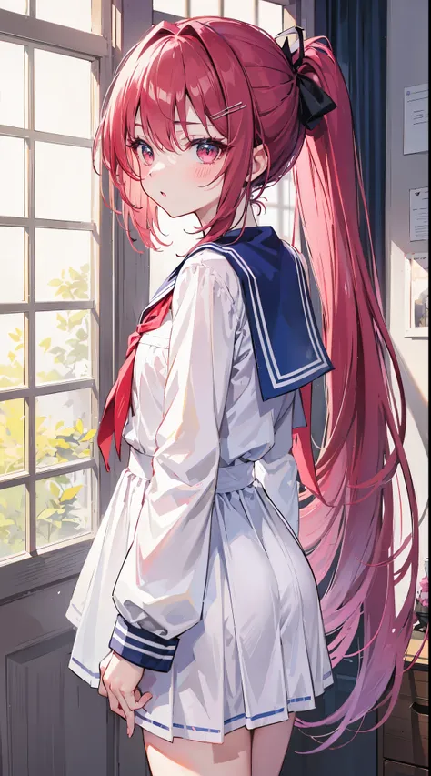 light blue long hair，deep red pink eyes，The hair is tied up with two pink hairbands，Short double ponytail，Qi bangs，There are two long hair curtains on both sides，Wearing a white sailor school uniform，short  skirt，Bangs pulled up with a hairpin，The sleeves ...