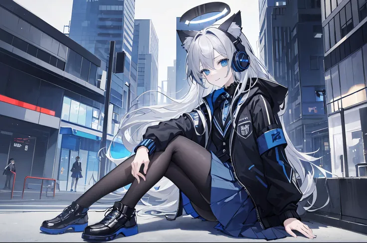 Full body like, ((Best quality at best)), ((tmasterpiece)), (Detailed pubic hair), s the perfect face, solo person, schoolgirls, Trendy style, Long silver-gray hair, Long hair shoulder length, Futuristic halo on head, (sat on the ground), Face the lens, (M...