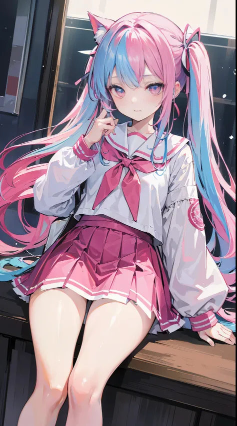 light blue long hair，deep red pink eyes，The hair is tied up with two pink hairbands，Short double ponytail，Qi bangs，There are two long hair curtains on both sides，Wearing a white sailor school uniform，short  skirt，Bangs pulled up with a hairpin，The sleeves ...