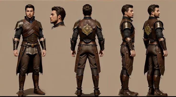 hombre steampunk, (Brown armor), (joven), (character design sheet), Diferentes poses, different angles, (vista frontal, vista de lado y vista trasera)