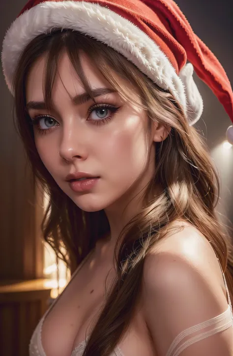 (best quality, realistic),Lora Perfect Girl A, ultra-detailed, vivid colors, professional, HDR, portrait, fine art, digital painting, studio lighting, beautiful detailed eyes, beautiful detailed lips, Santa hat, sexy, confident expression, long brown hair,...