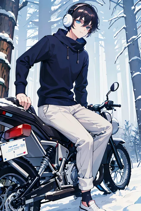 male people　A dark-haired　blue eyess　Earmuffs　trainers　jumper　JINS　trouser　sockes　espadrilles　In the snowy forest　​masterpiece　Top image quality　denoise　Clear 　cinematic shadow　Increased attractiveness of the eyes　Clear the shine of the eyes　Draw eyelashes...