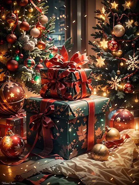 best quality,highres,(realistic:1.37),vibrant colors,studio lighting,bokeh,(christmas gift:1.1),shiny texture,sparkling ribbons,beautifully wrapped,delicate bow,ornaments,detailed pattern,glowing,glittering,joyful atmosphere,magical presents,cozy living ro...