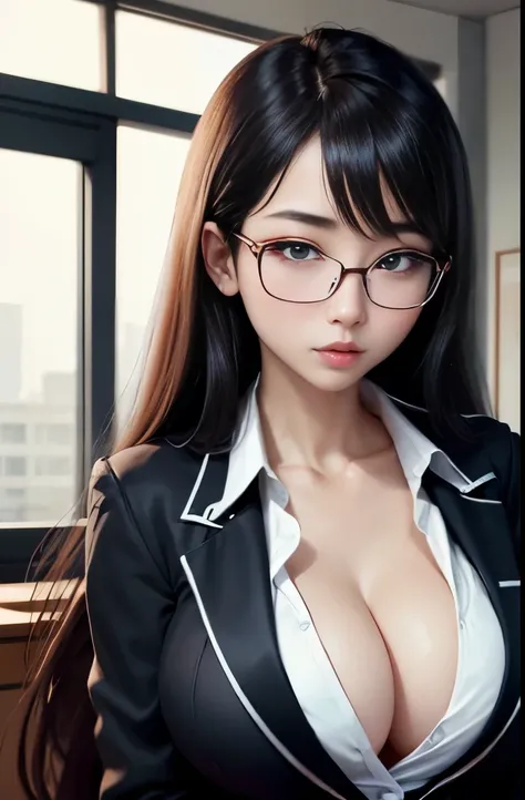 Super beautiful secretary、eye glasses、tits out、The long-haired、A dark-haired、jaket、Business suits、Upper body view、浅笑、​masterpiece、A detailed face、24 year old、A sexy　、cleavage of the breast