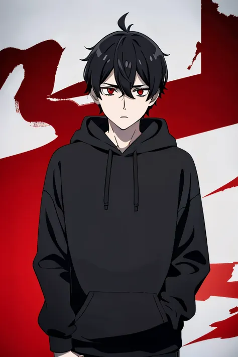 black earling, 1boy, teenage, black hair, red eyes, short haircut, ahoge, cowlick, black hoodie, messy bangs, pale skin, skinny