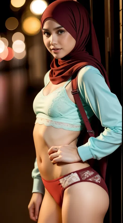 Malay girl in hijab, wear small floral pastel color lace panties slow run in college, jogging, wear backpack, front view, hijab blown, windy, detail skin, age spot, detail skin texture, mole below eyes, small breast, flat chest, wide hips, small waists, th...