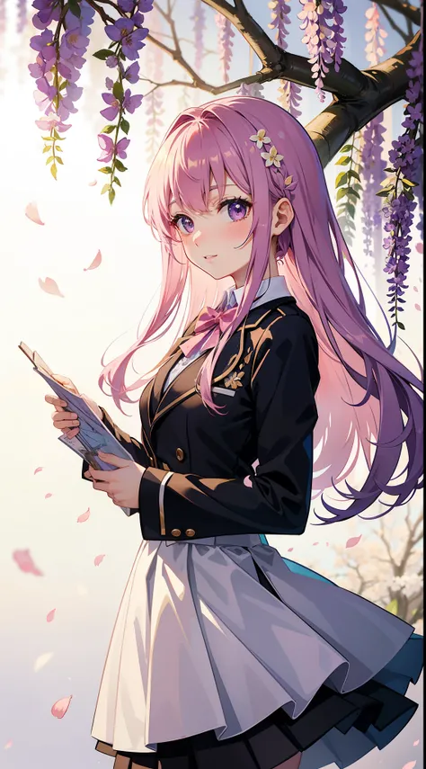 A girl in school uniform stands in front of a tree，tree branch上有pink flowers that，1 sister，by bangare tree，blazer jacket，Bow knot，neck bowtie，tree branch，Sakura NS，领The shirt，Daysiealling petallorest background，Flowers，graduate，flower  sea，jaket，Long gray ...