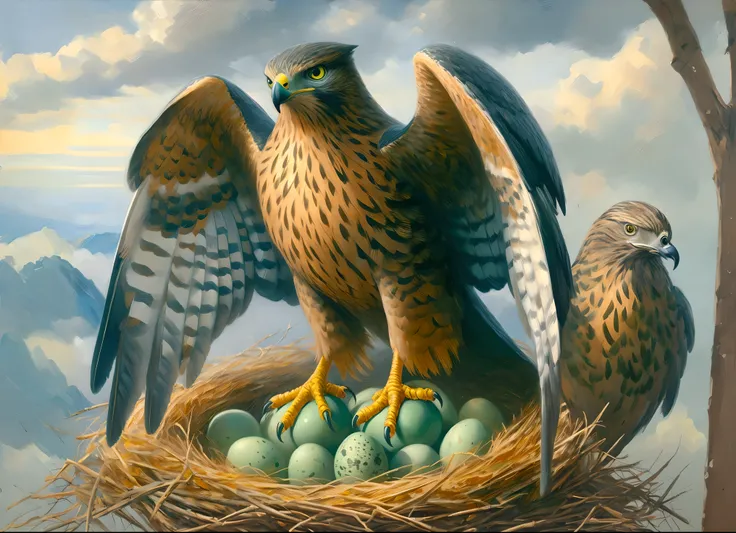 green hawk stand on nest with 4 eggs, oil painting