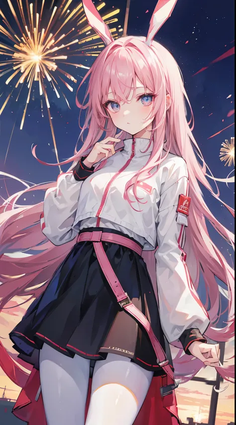 Light pink and uneven long hair，The hair curtain is very long，The hair curtain covers one eye，hair slightly upward，Has gray eyes，sparkle in eyes，Girl of medium build，There is a flower on the head，sunset over empty countryside，Holding a lit fireworks stick ...