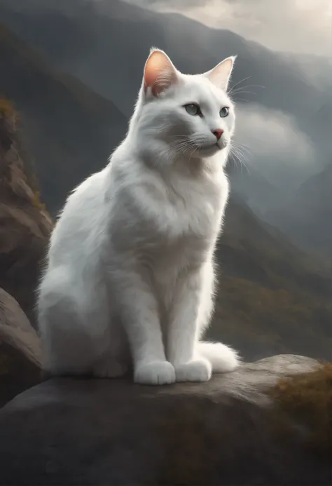 a white cat sits on a stone under a cloudy sky, highly detailed 4k digital art, Фан-арт Warrior Cats, Anthropomorphic lynx, very very beautiful furry art, furry fantasy art, 4k detailed digital art, beautiful digital artwork, realistic fantasy illustration...