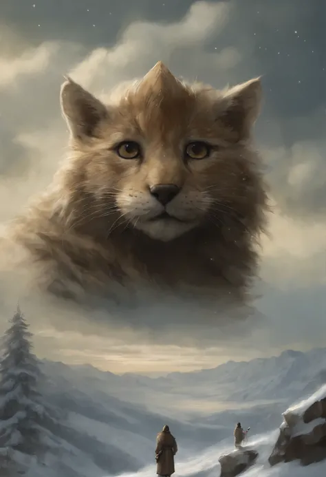 真实感, a painting, Fantastic tale, Christmas style, John Tolkien style, Small painting by Jean-Baptiste Monge,   Dark history, the anime, Cloud, soft cloud, wild lynx,Jean-Baptiste Monge, anthropomorphic --ar 2:3 --testp -optimistic;  Straight hair