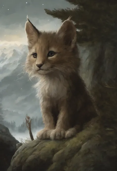 真实感, a painting, Fantastic tale, Christmas style, John Tolkien style, Small painting by Jean-Baptiste Monge,   Dark history, the anime, Cloud, soft cloud, wild lynx,Jean-Baptiste Monge, anthropomorphic --ar 2:3 --testp -optimistic;  Straight hair