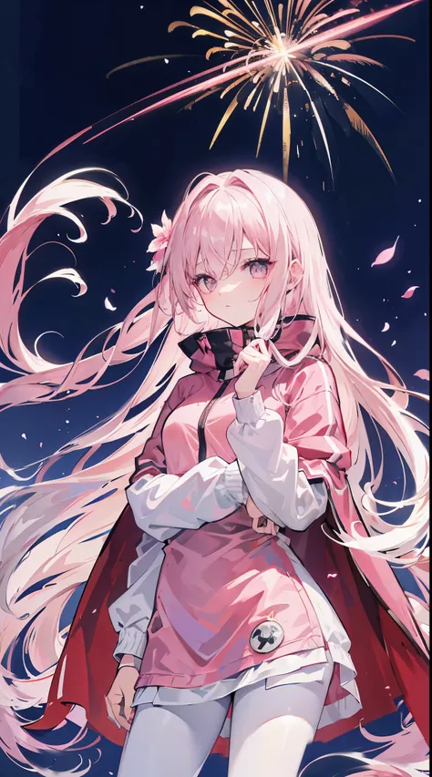 Light pink and uneven long hair，The hair curtain is very long，The hair curtain covers one eye，hair slightly upward，Has gray eyes，Eyes sparkle，Girl of medium build，There is a flower on the head，sunset over empty countryside，Holding a lit fireworks stick in ...