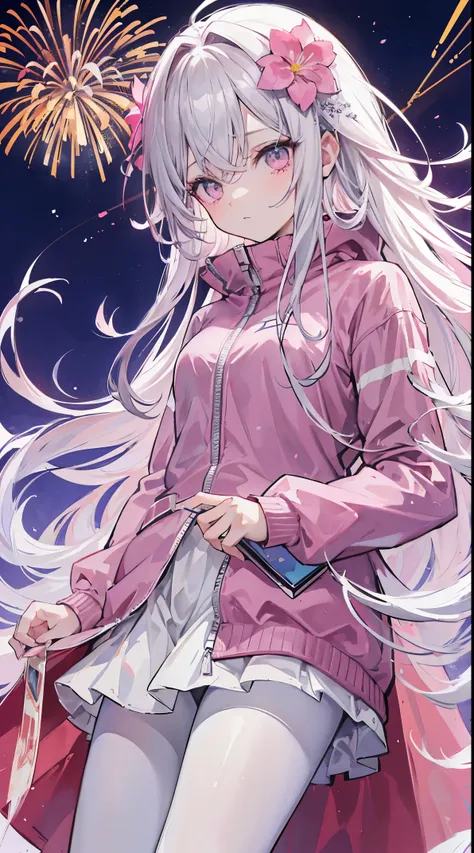 Light pink and uneven long hair，The hair curtain is very long，The hair curtain covers one eye，hair slightly upward，Has gray eyes，Eyes sparkle，Girl of medium build，There is a flower on the head，sunset over empty countryside，Holding a lit fireworks stick in ...