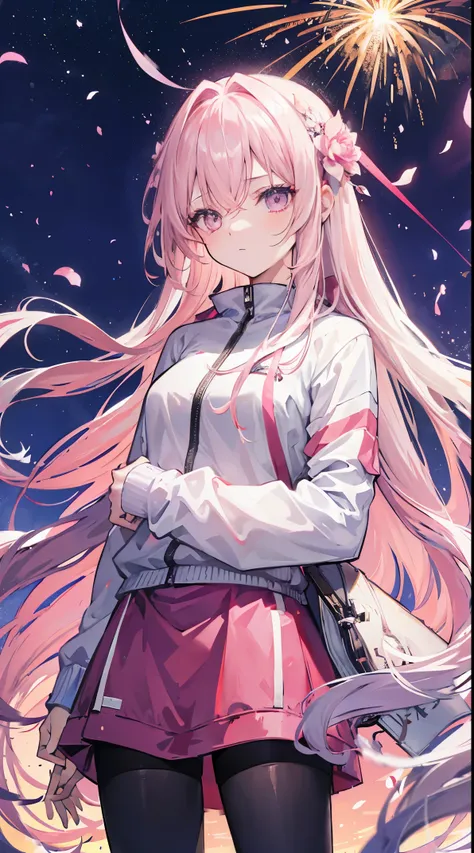 Light pink and uneven long hair，The hair curtain is very long，The hair curtain covers one eye，hair slightly upward，Has gray eyes，sparkle in eyes，Girl of medium build，There is a flower on the head，sunset over empty countryside，Holding a lit fireworks stick ...