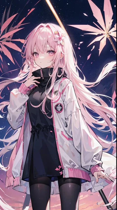 Light pink and uneven long hair，The hair curtain is very long，The hair curtain covers one eye，hair slightly upward，Has gray eyes，sparkle in eyes，Girl of medium build，There is a flower on the head，sunset over empty countryside，Holding a lit fireworks stick ...