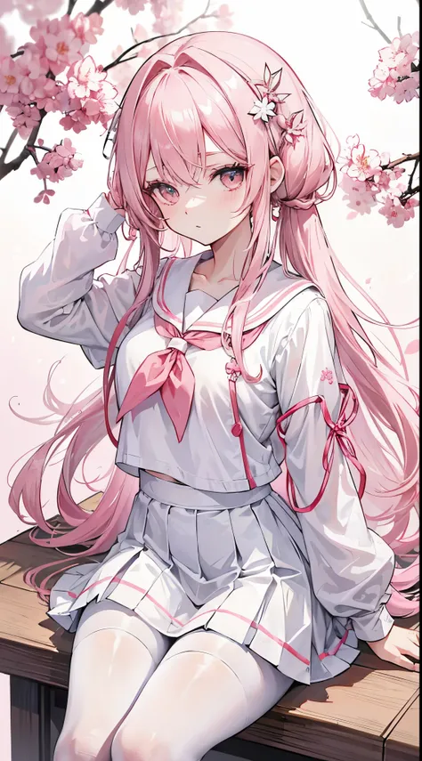 Two-dimensional anime wallpaper，Long pale pink hair，，Cherry blossom hair accessories，girl，White short-sleeved lace-up school uniform，light gray mini skirt，Bandages wrapped around his head，Medium build，The hair is a bit messy，With a dull expression，White si...