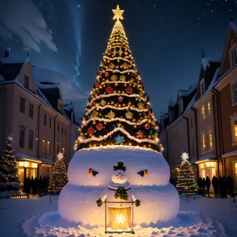 Sparkling Christmas tree with illuminations and snowman