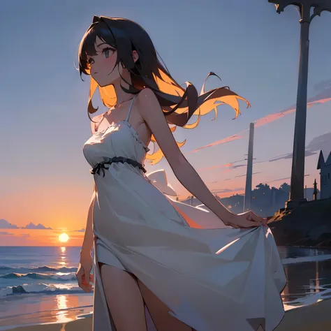 ((masterpiece)), high resolution,((best quality)), 1girl, solo, Ultra Best Quality, Ultra High Res, Medium Breasts, Plain White Long Camisole Dress, Beach, (Sunset), (Gothic horror Theme),