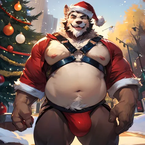 Chubby, furry, male , fluffy, harness, thicks beard, White beard, white mustache , jockstrap, Park, Christmas Eve , big Christmas tree , by darkgem, by zixiong,extremely hot, santa