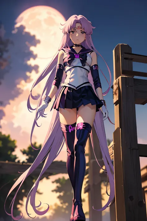 masutepiece, Best Quality, 1girl in, (Medusa),Purple hair, (black eyes:1.2),((Sailor Senshi))、((a miniskirt))、((embarassed expression))、((fullmoon))、((Photo from below))、((thigh high boots))、((Long))、((White Long Gloves))、