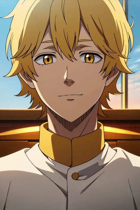 1boy, teenage, yellow hair, orange eyes, short haircut, yellow collar shirt, messy bangs,