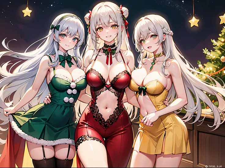 white haired young woman, 25 years old,  body, golden eyes, long-haired,Green braid tied in bows left and right..........Big breasts..,, wearing lingerie...large white chest, Hanging under the Christmas tree with friends A slightly smiling face...............