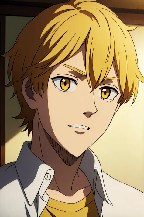 1boy, teenage, yellow hair, orange eyes, short haircut, yellow collar shirt, messy bangs,