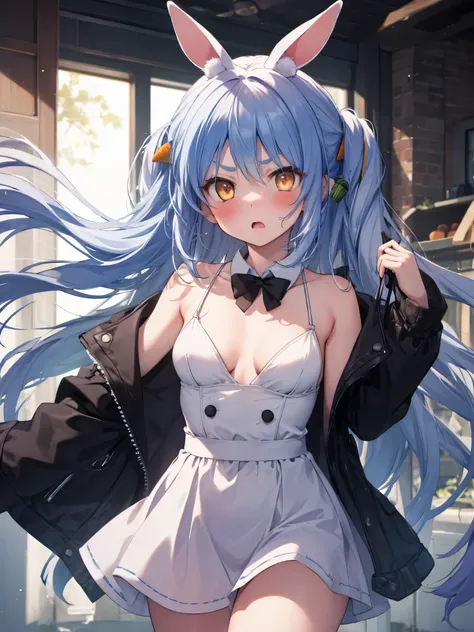 angry face, blue hair, rabbit, medium breasts, yellow eyes, blush, carrot on hair,