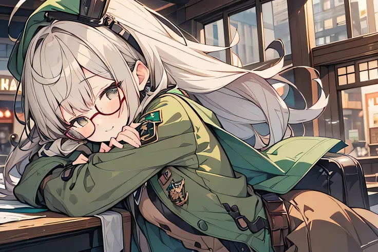 Long Ahoge,Shirt,Glasses with thin rim,White hair,Brown eyes,Brown tie,Brown skirt,dark green beret,Dark green jacket,girl with,Steampunk AI,sleepeace,Retro city background