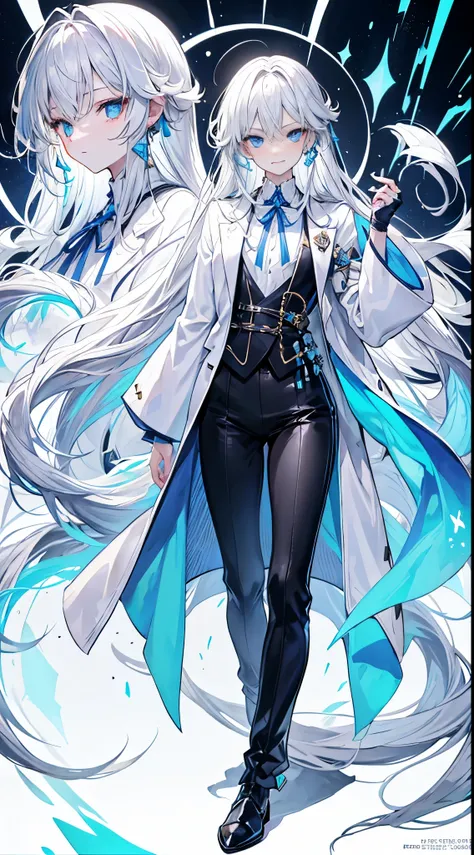 Best quality、On a table、The face shape is perfect、8K high resolution、(1 boy), and soul, and soulの男の子, The white头发, Long gray hair、light blue  eyes, Wear it for a long time, The white, convertible coat, Fixed black waistcoat、was wearing a The white hood, Th...