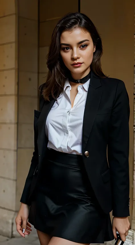 Romanian beautiful woman ,short pug nose, slant eyes, double eyelids, girl holds a smoking cigarette, wearing black business suit with skirt