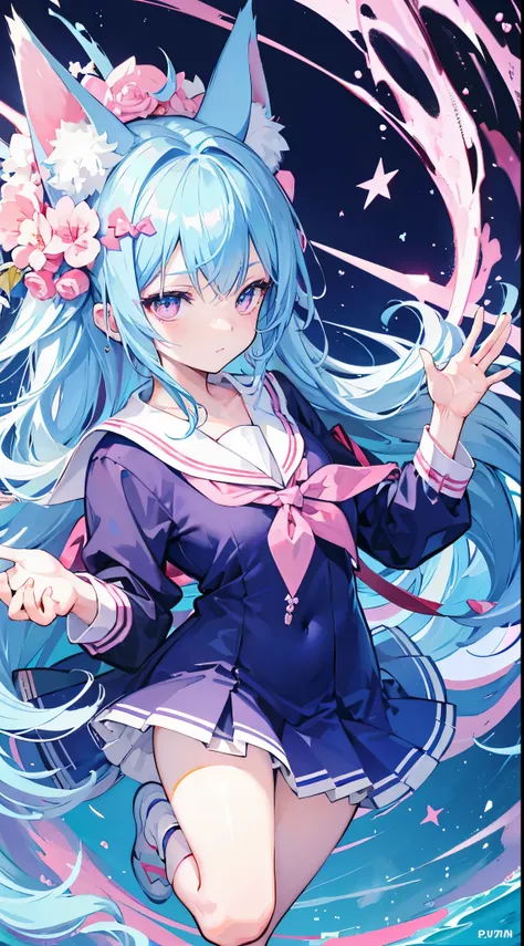 1 little boy，There are cat ears on the head，lightblue hair，a pink eyes，a sailor suit，facial closeups，cute big breasts，Decoration in the shape of a pentagonal statue