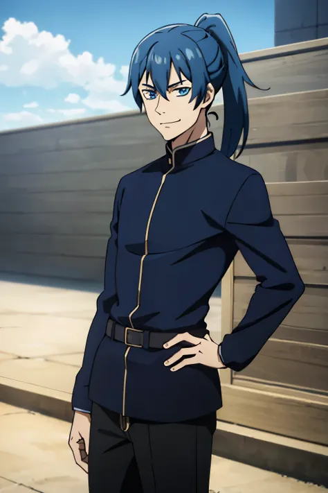 1boy, blue hair, blue eyes, ponytail, messy bangs ,black jacket, smirk, long sleeves,