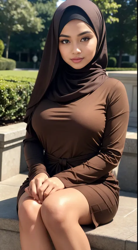 ( Close Up),RAW, Best quality, high resolution, masterpiece: 1.3), beautiful Malay woman in hijab, Masterpiece, perfect fit body, big breasts, beautiful big eyes, Soft smile, beautiful face, thick thighs,sitting, woman in dress brown , posing for photos, s...