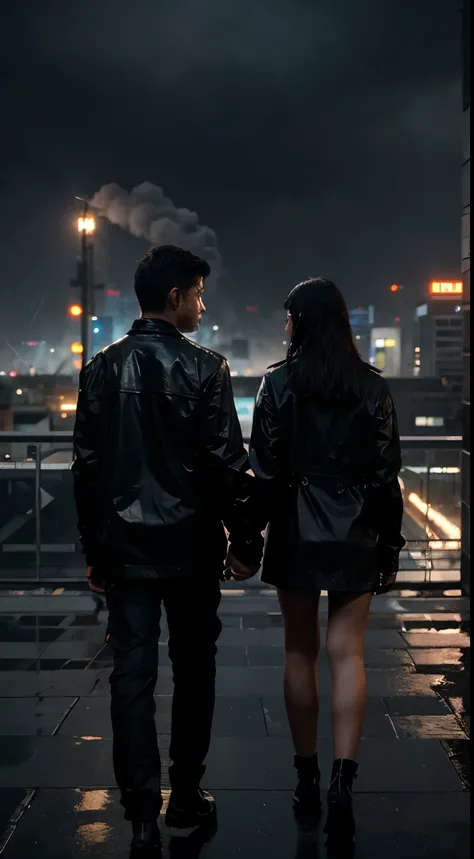 "masterpiece, best quality, Still photography, a futuristic city [cyberpunk], a city full of smoke from factories [moody looking], it is night and there is rain [rainy night], young girl and boy holding hands looking city from the roof [girl and boy holdin...