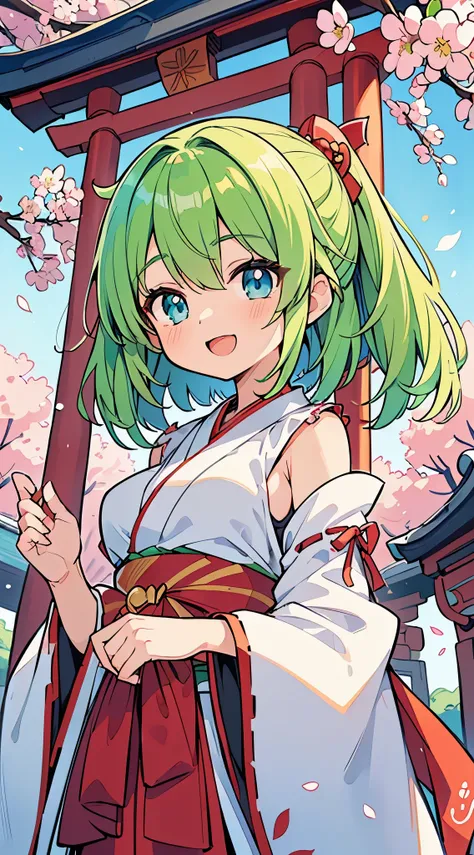 ((a pretty shrine maiden with green hair and blue eyes)), ((traditional kimomo)), loli face, ((master piece, top-quality, ultra-...