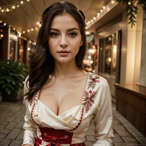 ((best quality)), ((masterpiece)), (detailed), perfect face, A young woman, gracefully adorned in elegant attire, walks down the festively decorated street. Her impeccable makeup enhances her features, with a slightly profiled view emphasizing bright eyes ...