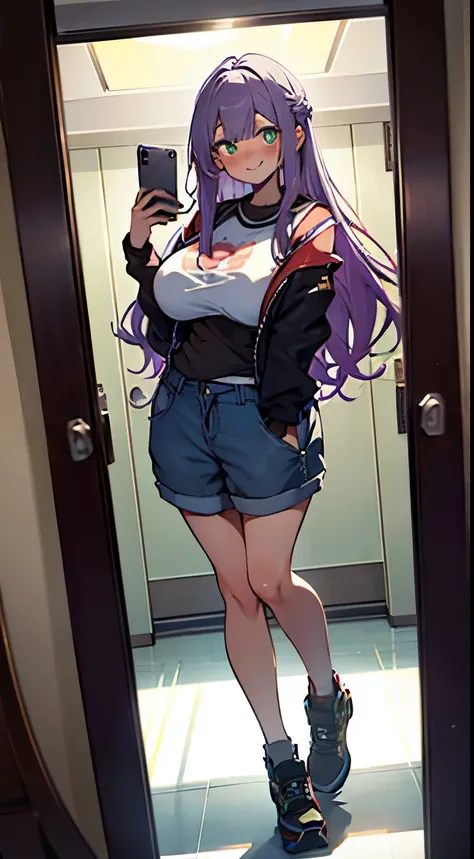 (masterpiece, highres, high resolution:1.2), anime 20 yo girl, wearing casual clothes, take selfie of herself in elevater mirror, posing, illustration. drawn, violet hair woman, green eyes, blushing, shy, full body, solo, shy, blushing a lot, freckles, hug...