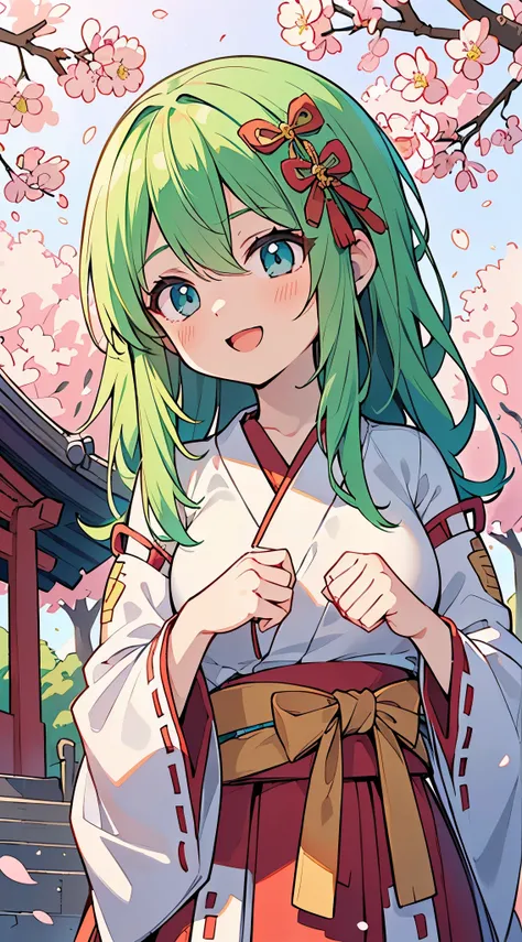 ((A Pretty shrine maiden with green hair and blue eyes)), ((traditional kimomo)), Loli face, ((master piece, top-quality, ultra-definition, high resolution)), anime girl, ((ultra-detailed illust:1.2)), only one person, bangs, hair between eye, beautiful ha...